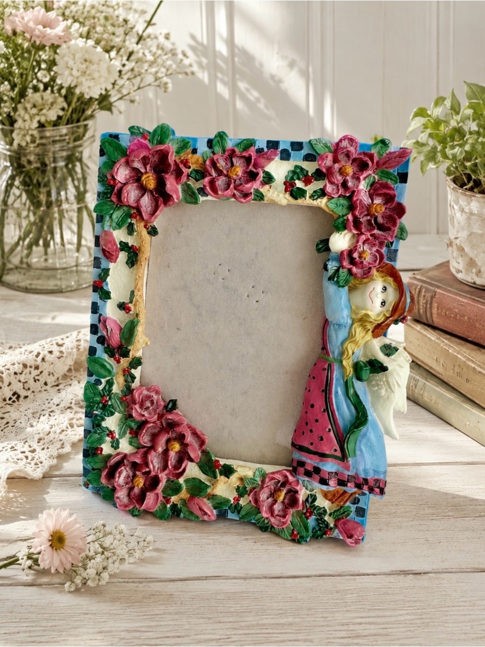 Vintage Pink Floral Angel Picture Frame with Blue Accents